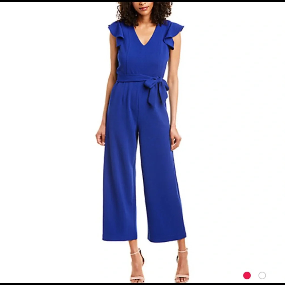 New*T TAHARI V Neck Blue Ruffle Jumpsuit